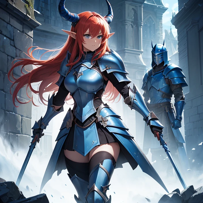 (masterpiece image), (very detailed image, (best high quality high definition image), (carefully detailed textures and pixels), (carefully detailed character and background), (alone character, solo), (HD), (High resolution), (Fantasy), (anime)
{{(1character: 1 red-haired elf girl knight:(body full covered in heavy blue knight armor)),((standing brave and strong),(willing to protect you and everyone)),((blue knight helmet), (helmet with two horns), helmet with a tail)), (blue steel knight cuirass), (blue steel armor skirt), (blue heavy steel shoulder plates), (blue arms armor), (blue gauntlets), (blue neck armor), (blue steel knight long boots))),((holding a long light-blue halberd with her right hand)),((morning at the danish castle wall), (on patrol), (standing confident and strong))}}