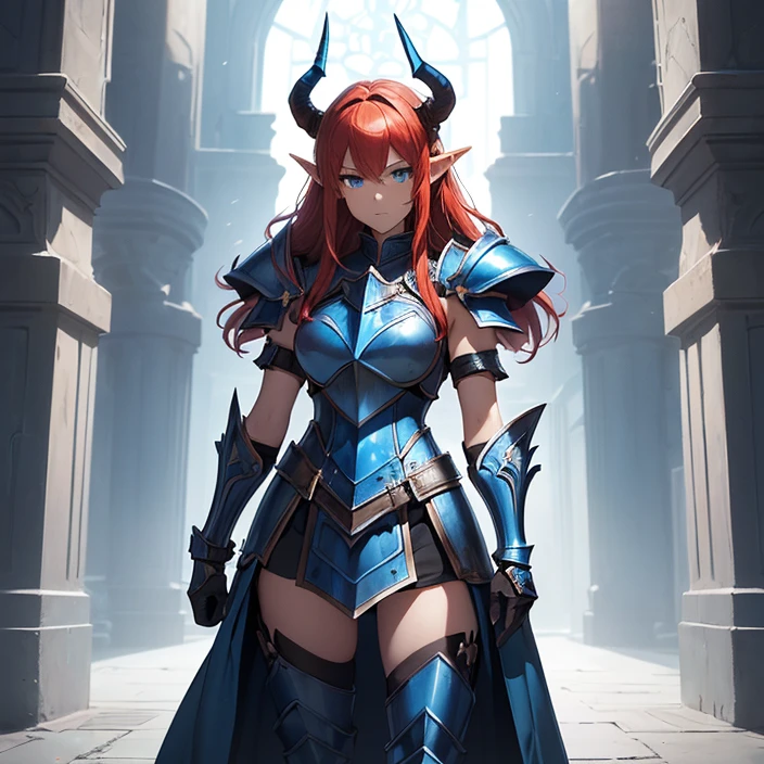 (masterpiece image), (very detailed image, (best high quality high definition image), (carefully detailed textures and pixels), (carefully detailed character and background), (alone character, solo), (HD), (High resolution), (Fantasy), (anime)
{{(1character: 1 red-haired elf girl knight:(body full covered in heavy blue knight armor)),((standing brave and strong),(willing to protect you and everyone)),((blue knight helmet), (helmet with two horns), helmet with a tail)), (blue steel knight cuirass), (blue steel armor skirt), (blue heavy steel shoulder plates), (blue arms armor), (blue gauntlets), (blue neck armor), (blue steel knight long boots))),((holding a long light-blue halberd with her right hand)),((morning at the danish castle wall), (on patrol), (standing confident and strong))}}