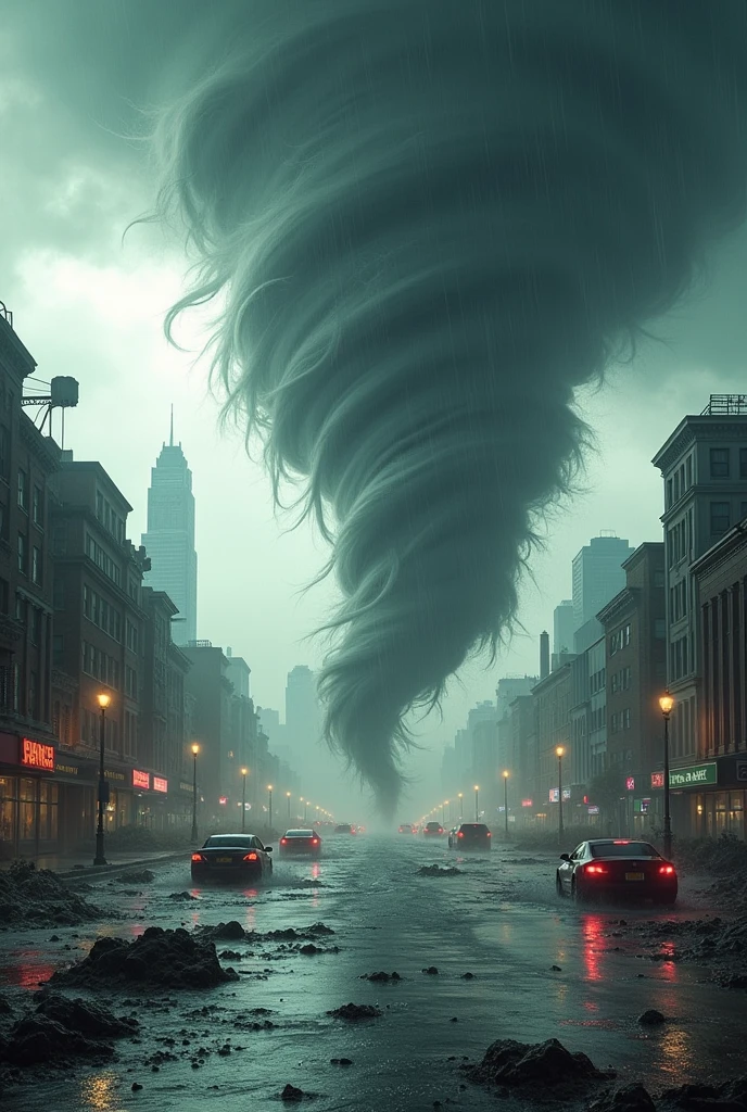 Tornado f5, in a city, during a strong storm, and a flood in the United States
