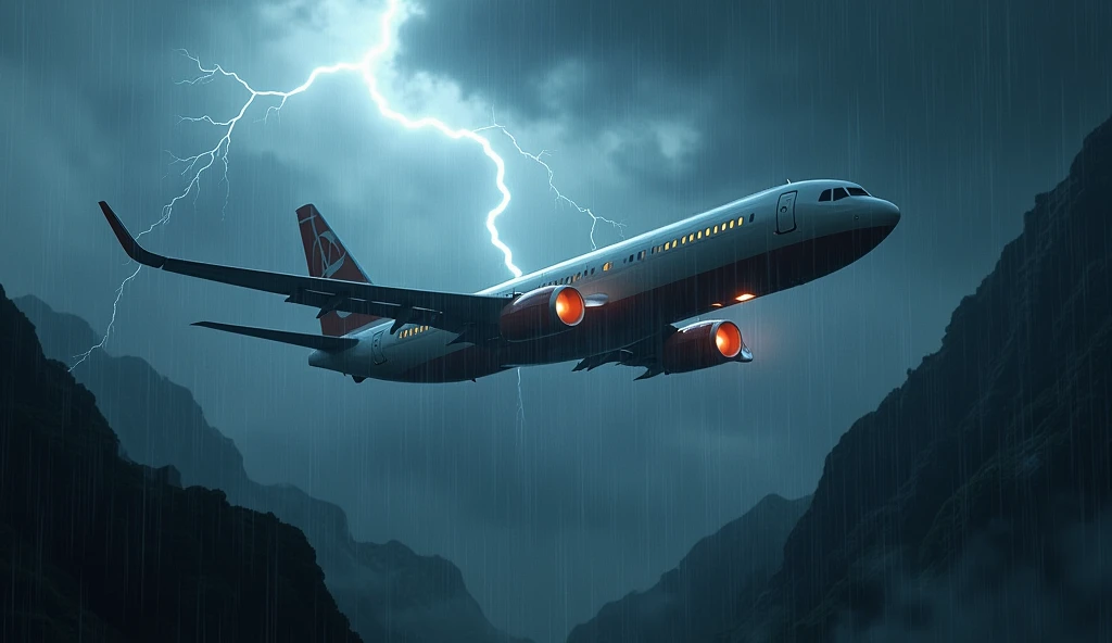 "An airplane flying through a thunderstorm over a mountainous terrain, with heavy rain and lightning."