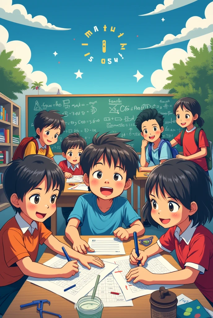 Make a poster with the theme "Math is easy" (Please depict Indonesian high school students with anime art) 
