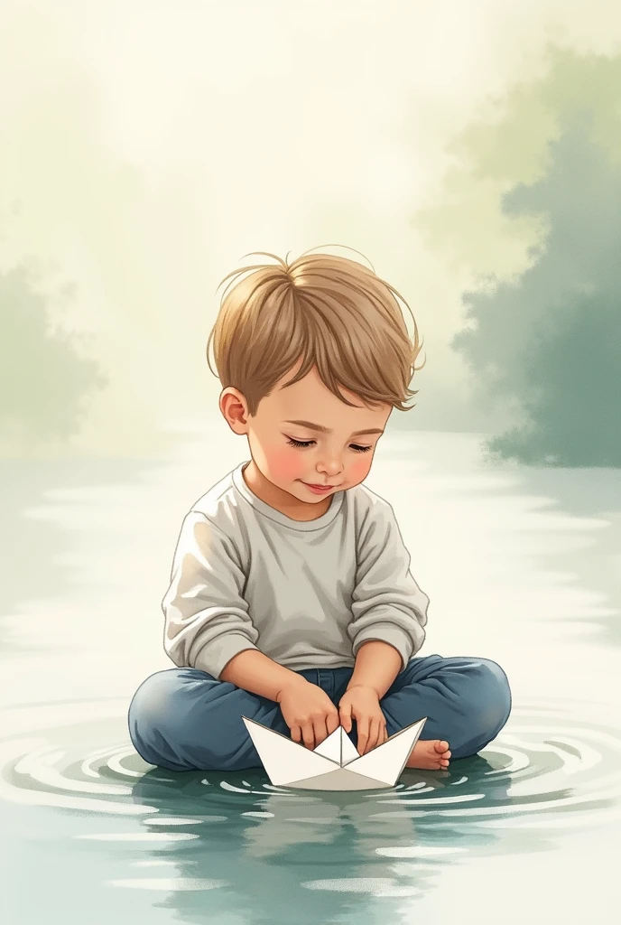 Create a watercolor drawing of a calm-looking three-year-old boy with short hair and his entire body playing with a paper boat..