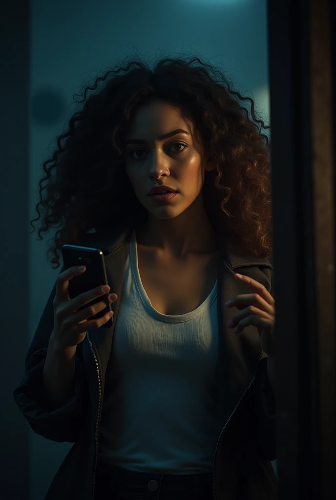 A woman with curly hair at night on her cell phone with a look of help