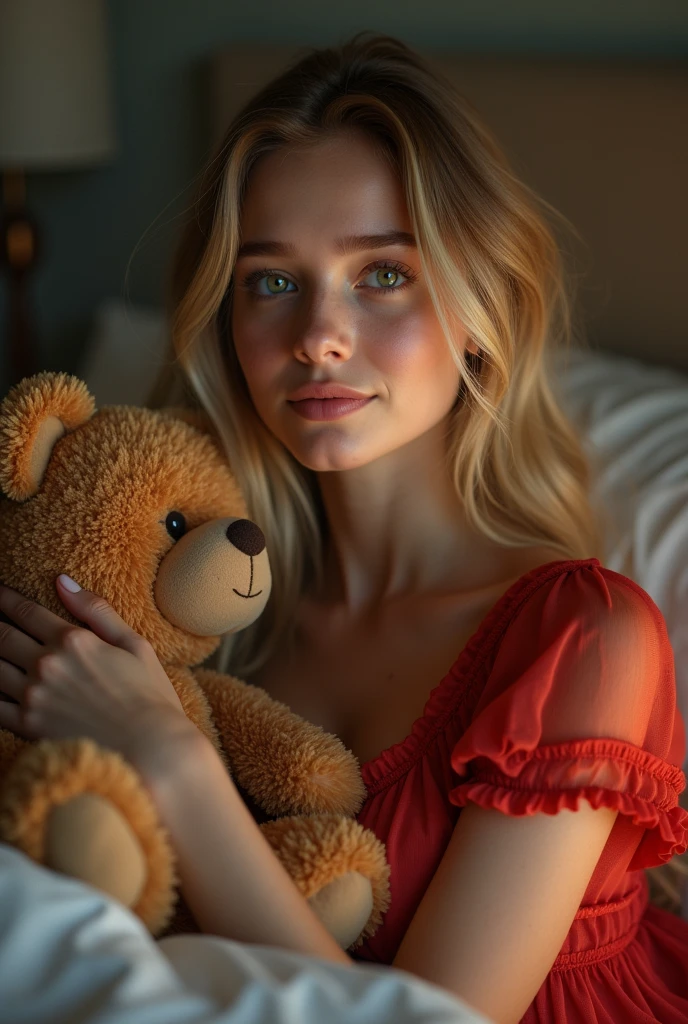 8k, highest quality, ultra details, German girl with long blonde hair and green eyes with slightly thicker lips , happy and relaxed in bed with her teddy cuddling with a red nightdress in the evening from the selfie perspective