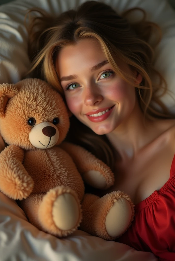 8k, highest quality, ultra details, German girl with long blonde hair and green eyes with slightly thicker lips , happy and relaxed in bed with her teddy cuddling with a red nightdress in the evening from the selfie perspective