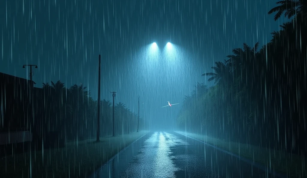 "An intense night-time rainstorm, with streaks of rain illuminated by the plane’s lights."

