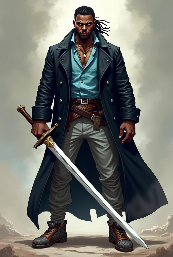 black male, brawny, Cao Cao, short dreadlocks hair, light blue jacket, shiny black overcoat, Gray pants, sapatos com sCao Cao, sword in hand.