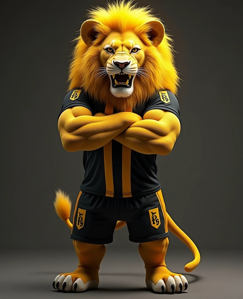 Create a prompt to create an image using artificial intelligence with maximum quality in 8k, Advanced Levels of Detail and Cinematic Style. I want an image of a humanoid lion with its arms crossed looking very angry, realistic on two muscular legs with yellow and black team shirt with the image shield and his mane in yellow colors