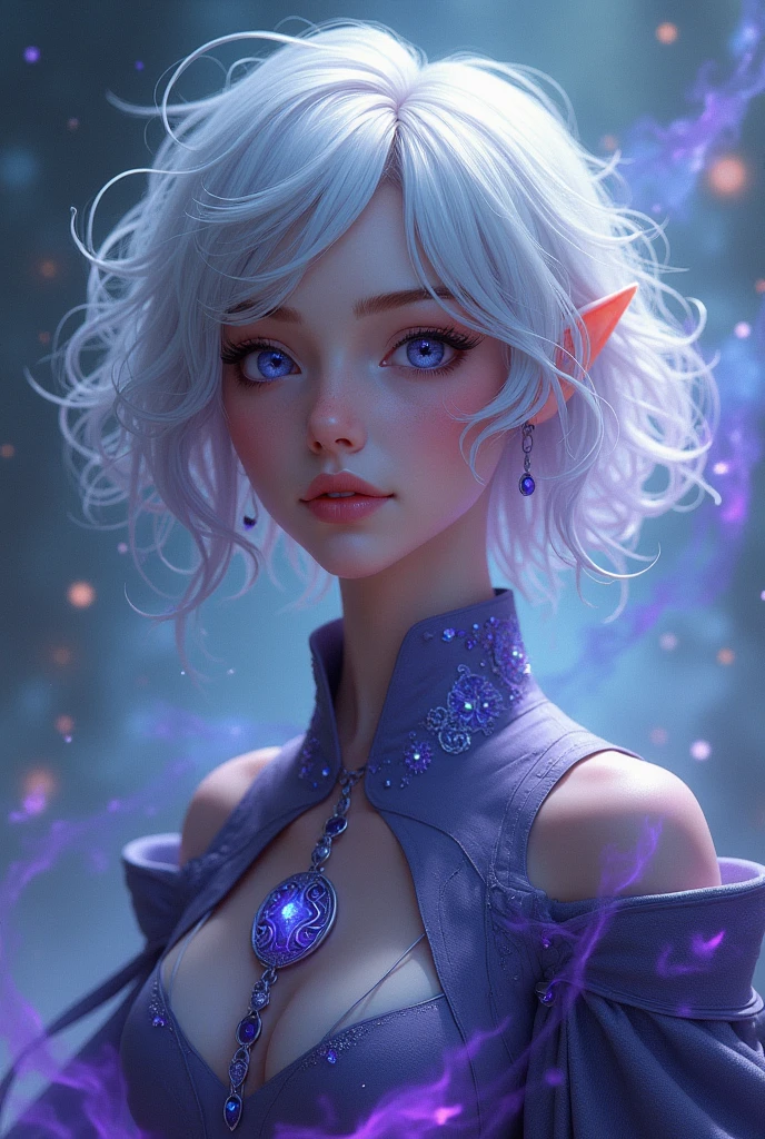 A wizard with short white hair and purple highlights with a face with effeminate features No beard