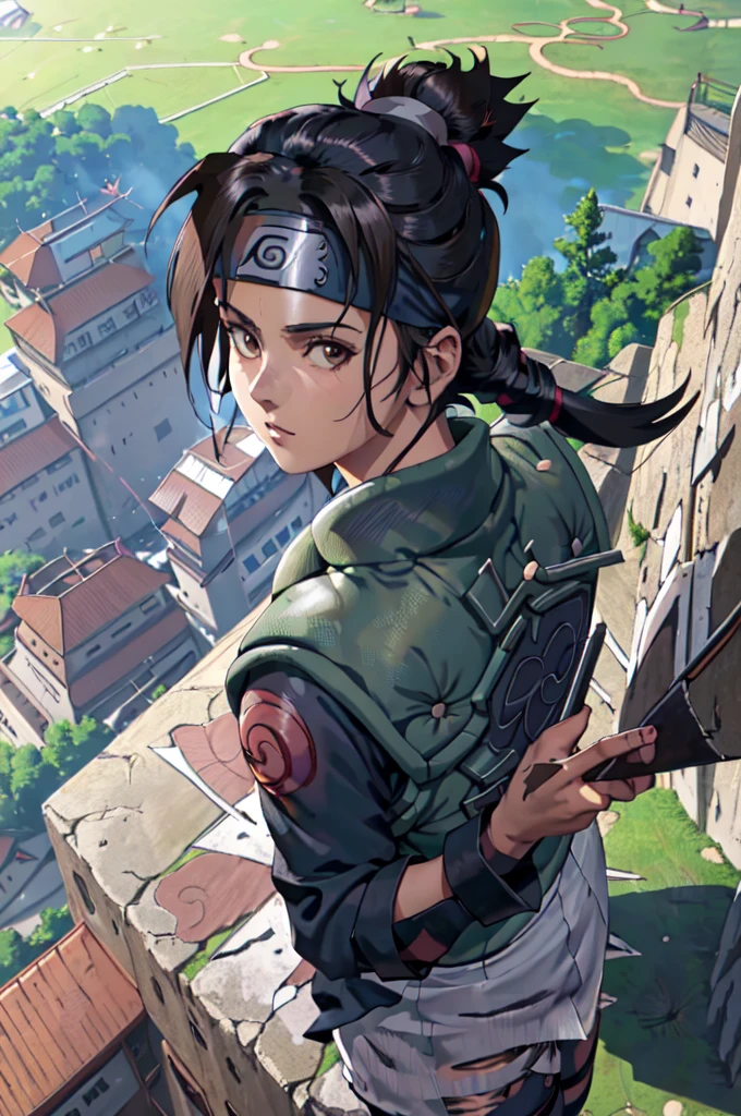 joninvest, forehead protector, black headband, konohagakure rooftop, from above, dark brown skin, messy bun (best quality, masterpiece, RAW photo,ultra-detailed:1.2), 1girl,solo,looking at viewer, action pose