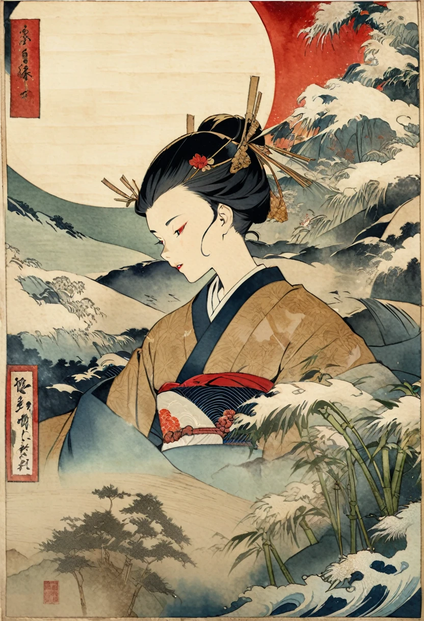 ukiyo-e, japanese painting, woodcut painting, watercolor painting, bamboo forest, a bamboo stalk shining golden, huge full moon background, (ultra detailed, Absolute resolution, Best Quality:1.3), 2.5D, delicate and dynamic, Artistic, hyper, CG graphic digital art