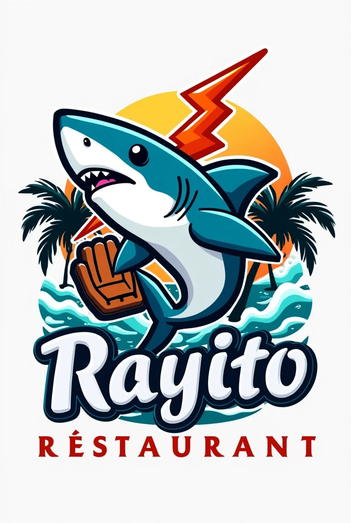Make me a logo for a seafood restaurant that says the name is Rayito ; that has a shark , with a lightning bolt hugging him and a glove and a baseball and some palm trees