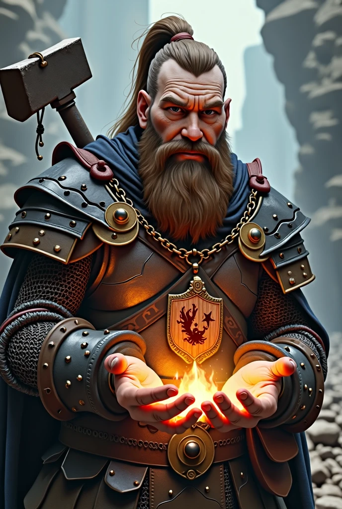 a white dwarf man with a long brown beard, and with a ponytail wearing chain mail, with a war hammer on his back, a necklace with a wooden plaque with blood, while his hands are glowing with a clear healing magic