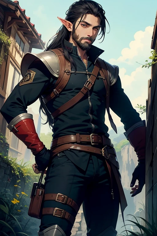 Male half elf black hair with beard ranger assassin black clothes 

