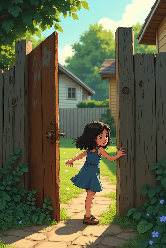 Zara sneaks out the back door and approaches the rusty gate, pushing it open slowly with a creaking sound.Image may in the form of 3rd animated cartoon.