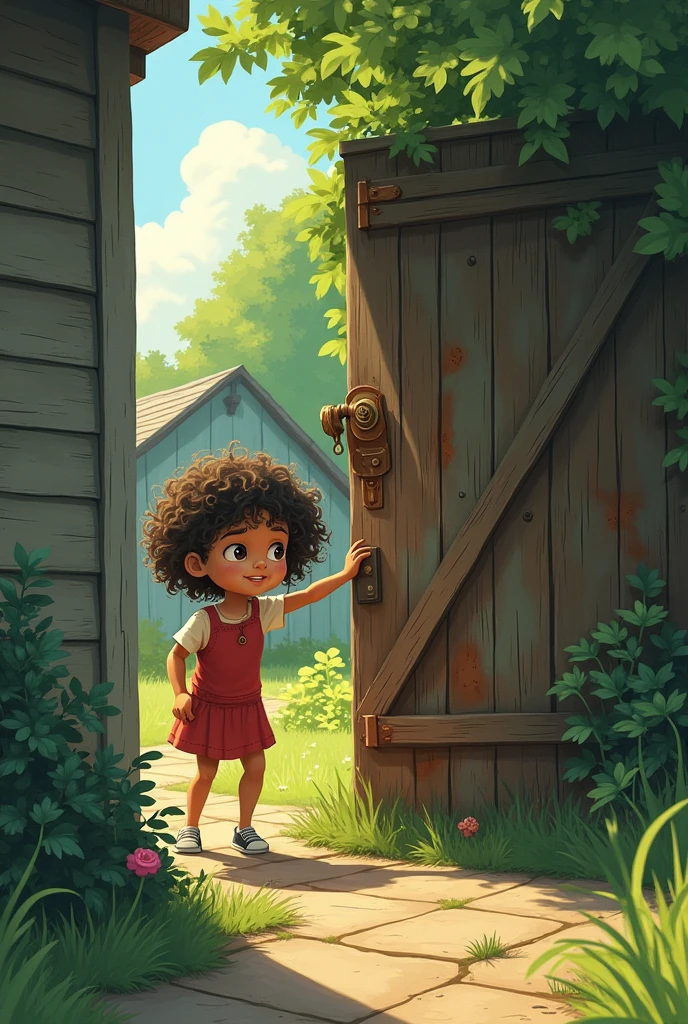 Zara sneaks out the back door and approaches the rusty gate, pushing it open slowly with a creaking sound.Image may in the form of 3rd animated cartoon.