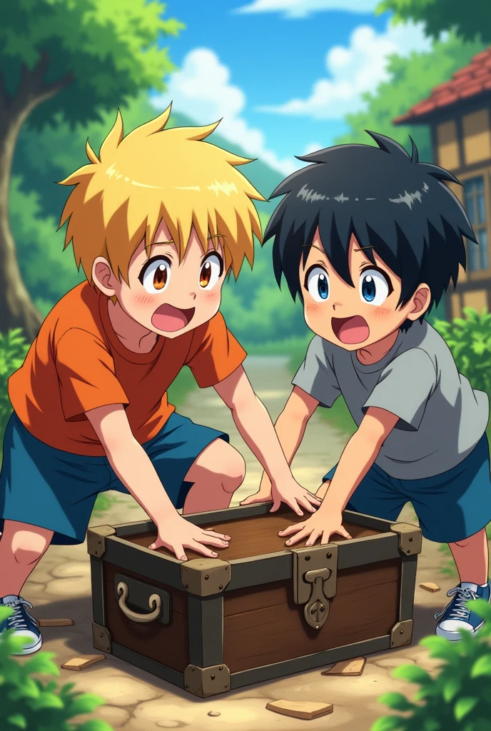 The boys excitedly dig around the chest with their hands.Anime styles 1 boy have golden hair and one have black hairs the golden hair boy wear an orange t-shirt and blue shorts and the black hair boy wear a grey shirt and blue shorts