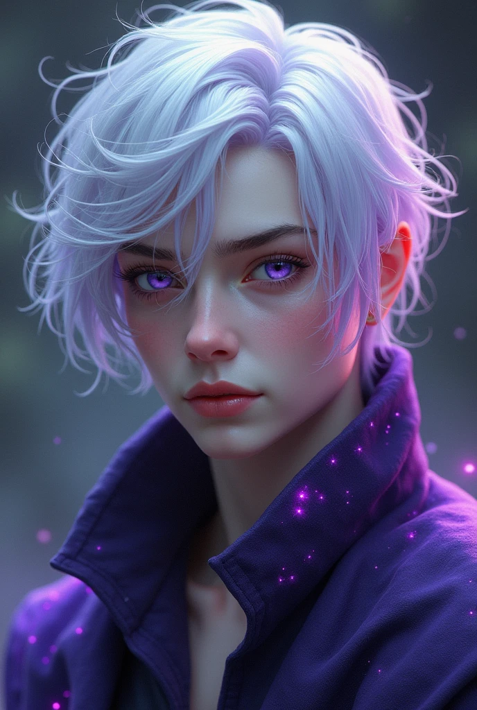 A male wizard with short white hair and purple highlights with a face with effeminate features No beard