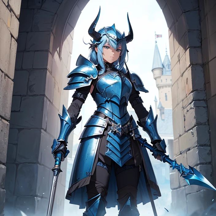 (masterpiece image), (very detailed image, (best high quality high definition image), (carefully detailed textures and pixels), (carefully detailed character and background), (alone character, solo), (HD), (High resolution), (Fantasy), (anime)
{{(1character: blue female knight:(body full covered in heavy blue knight armor)),((standing brave and strong),(willing to protect you and everyone)),((blue knight helmet), (helmet with two horns), helmet with a tail)), (blue steel knight cuirass), (blue steel armor skirt), (blue heavy steel shoulder plates), (blue arms armor), (blue gauntlets), (blue neck armor), (blue steel knight long boots))),((holding a long light-blue halberd with her right hand)),((morning at the danish castle wall), (on patrol), (standing confident and strong))}}