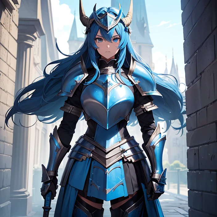 (masterpiece image), (very detailed image, (best high quality high definition image), (carefully detailed textures and pixels), (carefully detailed character and background), (alone character, solo), (HD), (High resolution), (Fantasy), (anime)
{{(1character: blue female knight:(body full covered in heavy blue knight armor)),((standing brave and strong),(willing to protect you and everyone)),((blue knight helmet), (helmet with two horns), helmet with a tail)), (blue steel knight cuirass), (blue steel armor skirt), (blue heavy steel shoulder plates), (blue arms armor), (blue gauntlets), (blue neck armor), (blue steel knight long boots))),((holding a long light-blue halberd with her right hand)),((morning at the danish castle wall), (on patrol), (standing confident and strong))}}