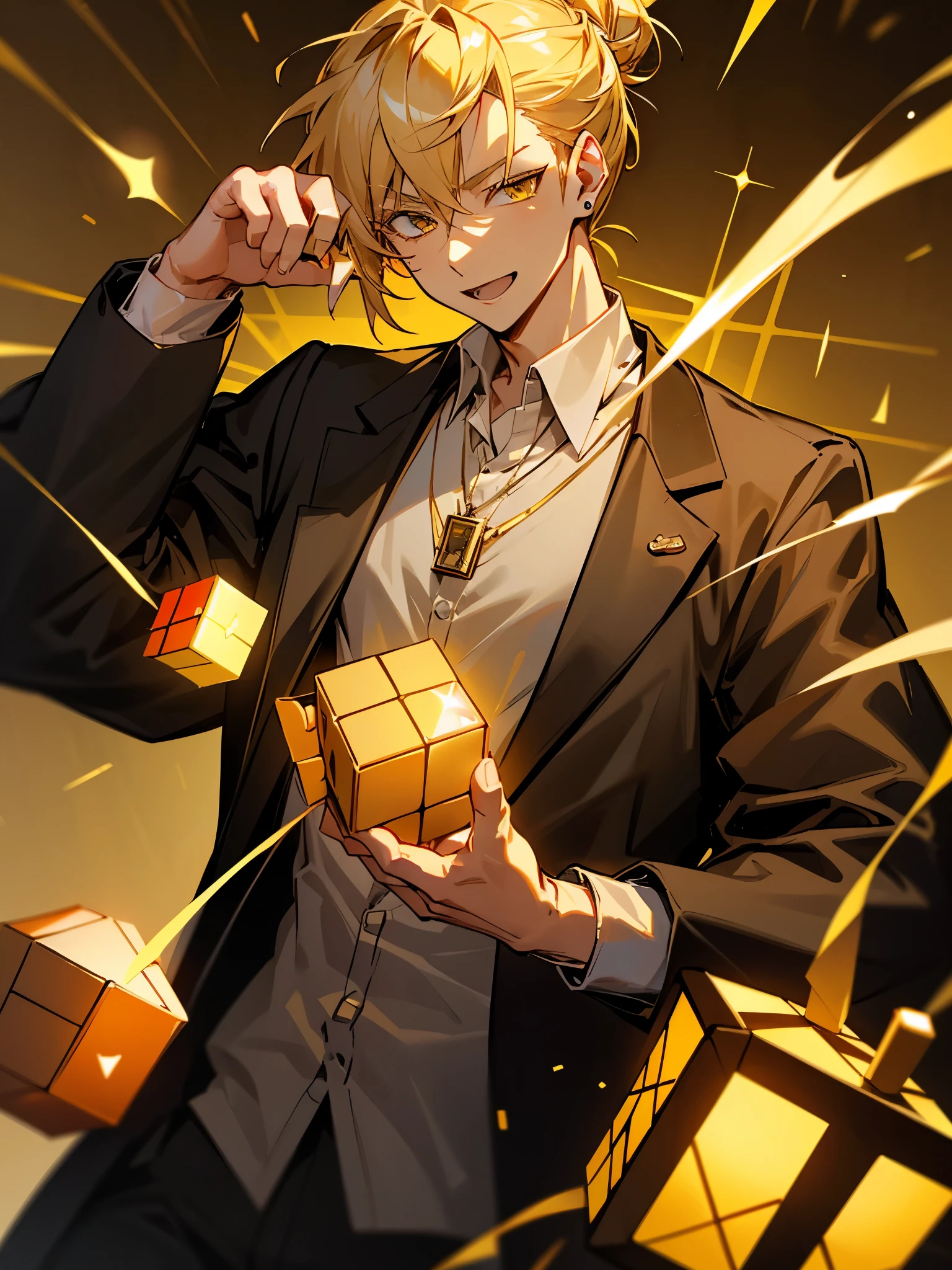 blonde hair, golden eyes, hair tied up into a bun, yellow detailed light from rubiks cube, black jacket, golden shirt, mature male, muscular, joyful expression, yellow rubiks cube, red gem necklace big red gem, red gem on chest
