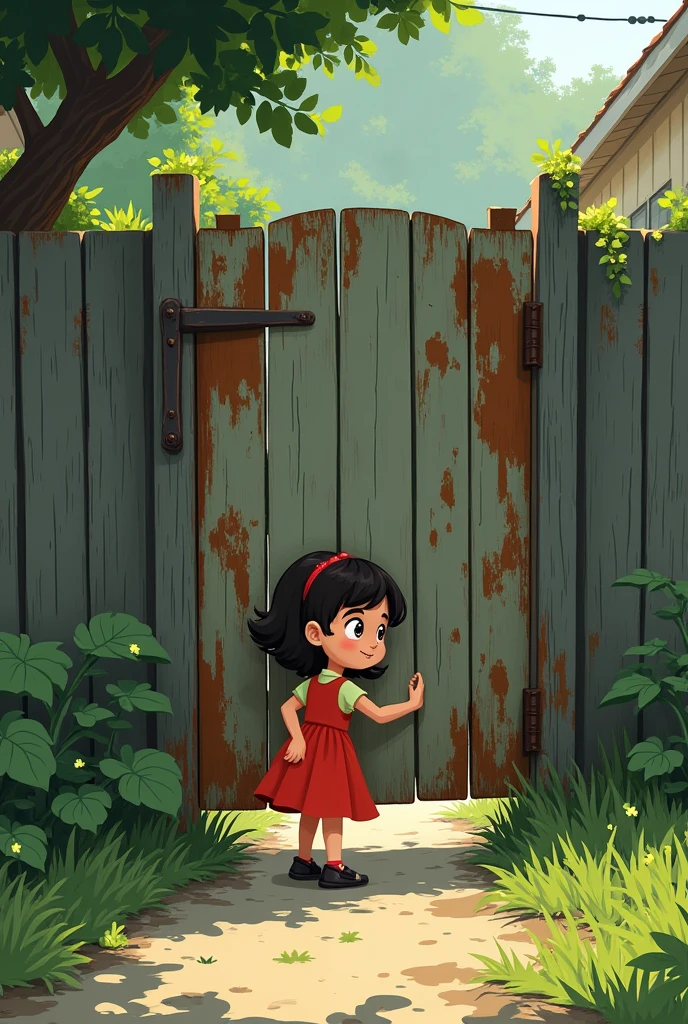 Zara sneaks out the back door and approaches the rusty gate, pushing it open slowly with a creaking sound.Image may in the form of 3rd animated cartoon.
