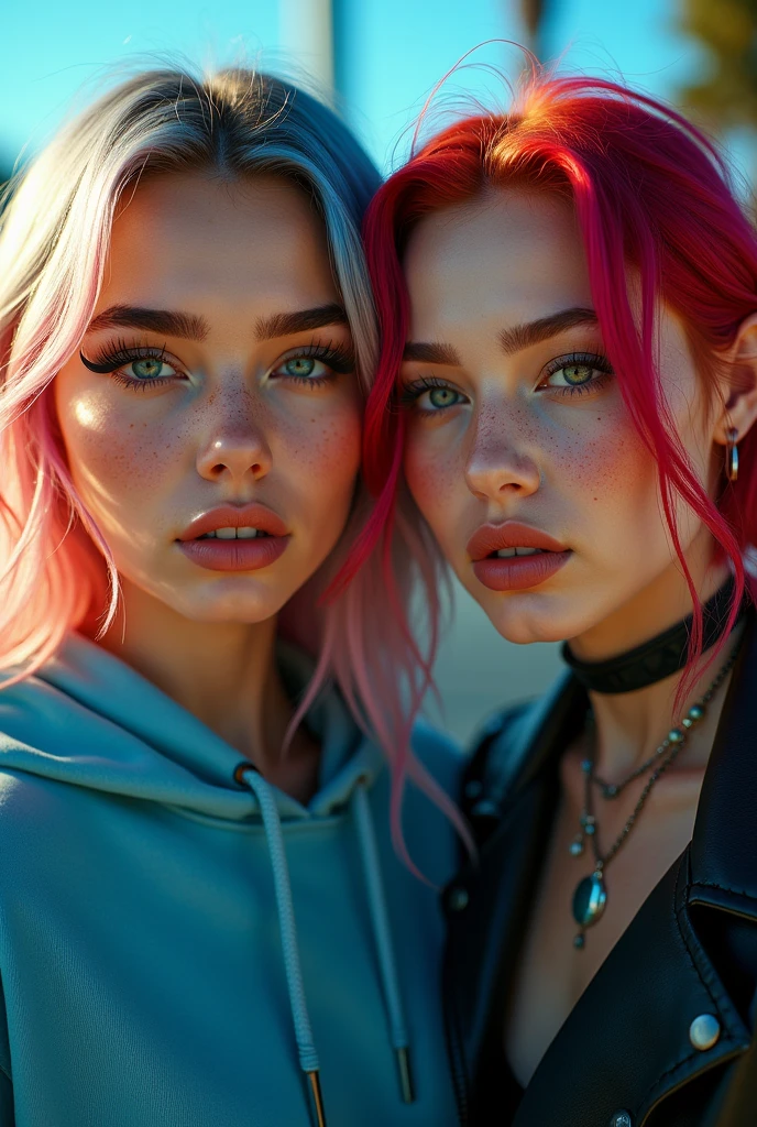 raw photography、2 girl、blue hoodie、(1 girl in)、(realisitic)、(photorealistic:1.5)、Lipstick freckles、multicolored hair、a choker、(raw photography、8k hd、film grains)、sharp eyeliner、The eyeshadow on the dark lashes is very delicate and beautiful、8k、(Soft lighting)、high quality、High resolution、sharp focus、Very detailed、During the day、(sunlight on the face)、Very detailed、 masterpiece、(lighting like a movie)、(highly detailed leather:1.2)、8k hd、Digital SLR Cameras、Soft lighting、high quality、film grains、 masterpiece, high quality, high quality, High resolution、Blue-red-green-yellow backlight