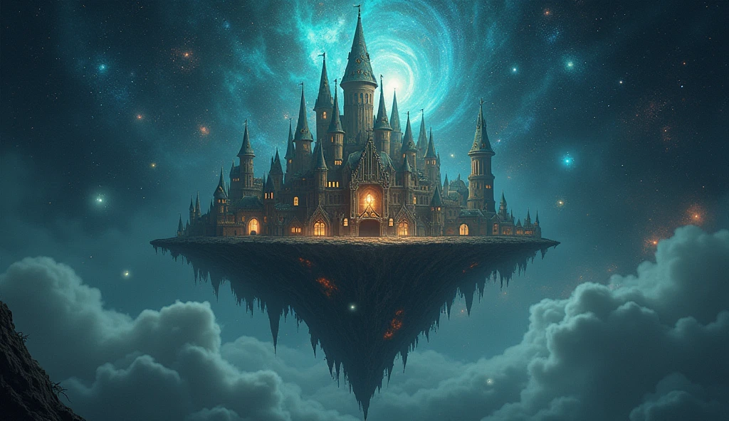 fantasy castle with rooms representing different states of mind, floating in space