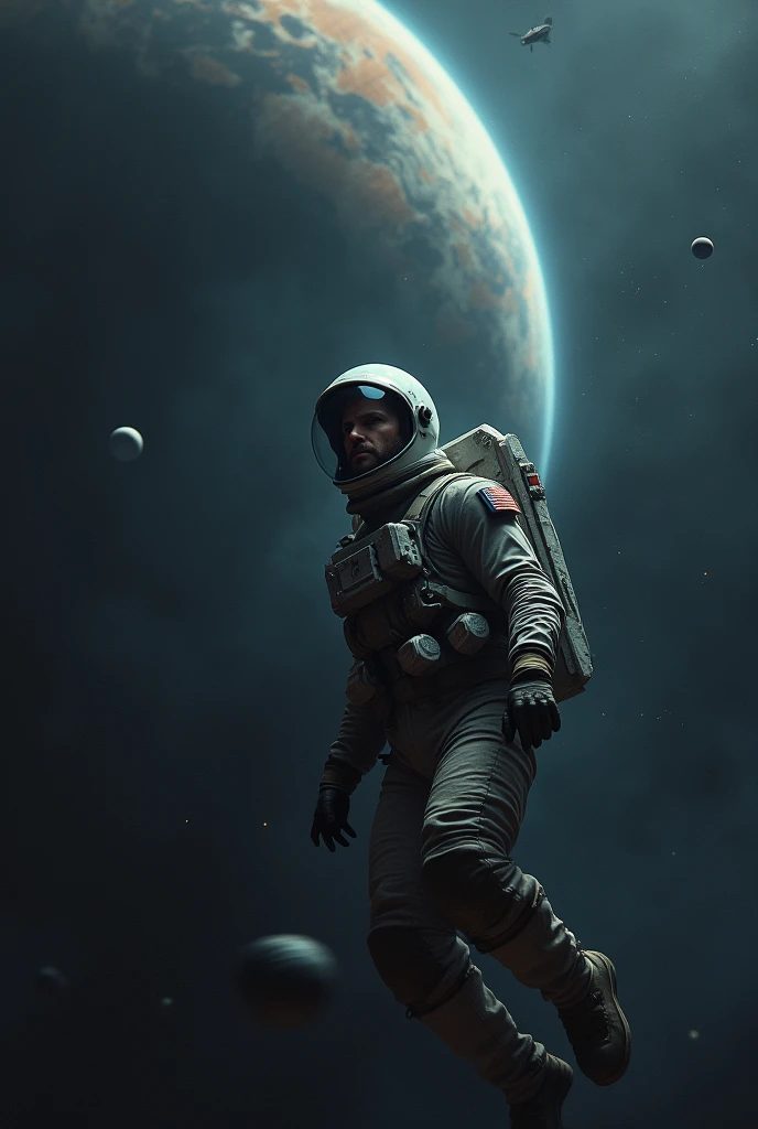 Space, a men, see, airplane, planets, dark light,falling, beg, star, 