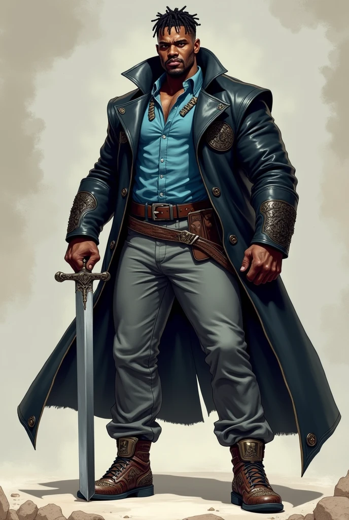 black male, brawny, Cao Cao, short dreadlocks hair, light blue jacket, shiny black overcoat, Gray pants, sapatos com sCao Cao, sword in hand.