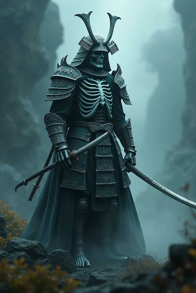 a spectral samurai in dragon bone armor, with very marked bones