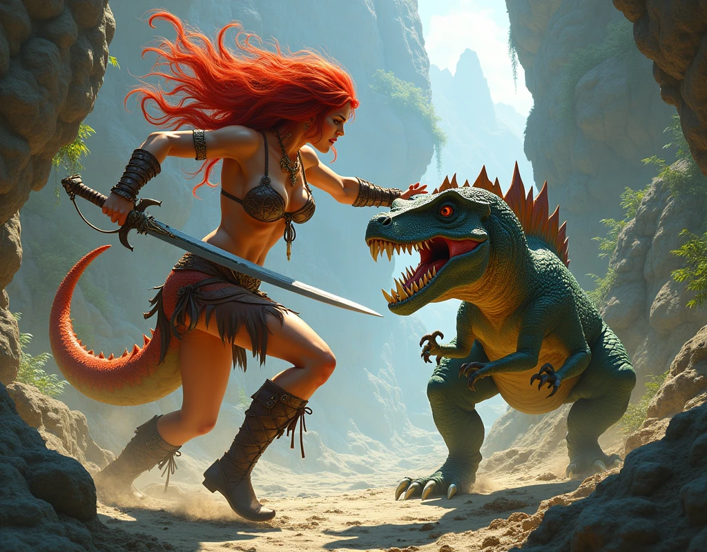 Red Sonja and a small dinosaur facing one another, battling each other.