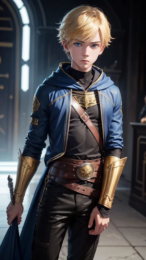 1boy,Solo, high resolution, looking at the audience, blue eyes, golden hair, simple background, shut your mouth, Hood, precise, best quality, เอาHoodลง, serious,