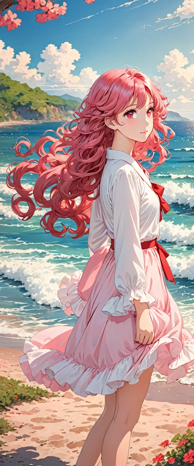 Anime image of a girl. Long pink hair. red eyes. Near the sea. Curly silky hair,