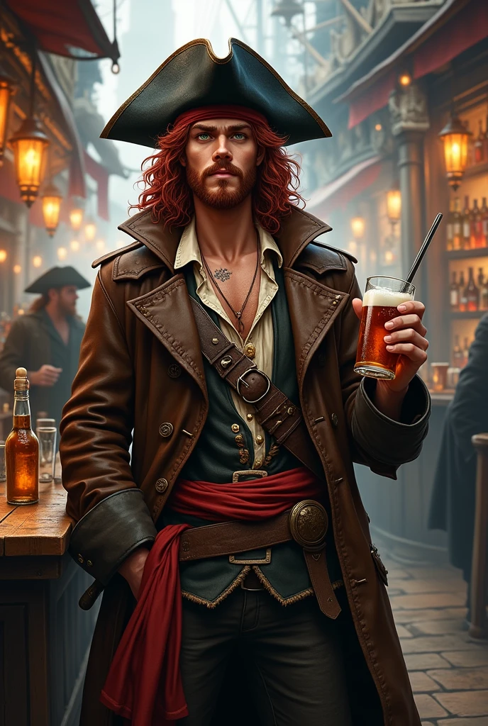 Create an image of a full human race pirate for D&D. A young pirate with long hair, curly and red, He has a short beard with a short goatee and a dark red mustache and dark green eyes.. He wears a black leather battered hat, wears a brown pirate trench coat, with a light shirt and a ruined vest underneath. In life he wears a red sash with a belt, above the belt two pirate sabres. He is drinking rum celebrating with other sailors in a pub with the largest pirate port in the world in the background.