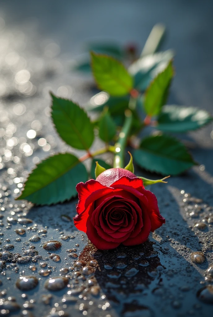 a green stem of a bright red rose lies on the street, covered in beautiful water droplets, 8k, hdr