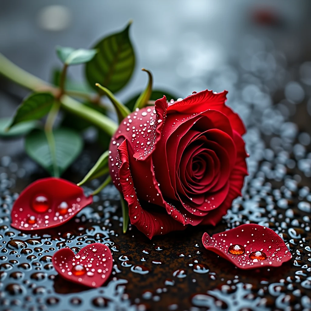 a green stem of a bright red rose lies on the street, covered in beautiful water droplets, 8k, hdr