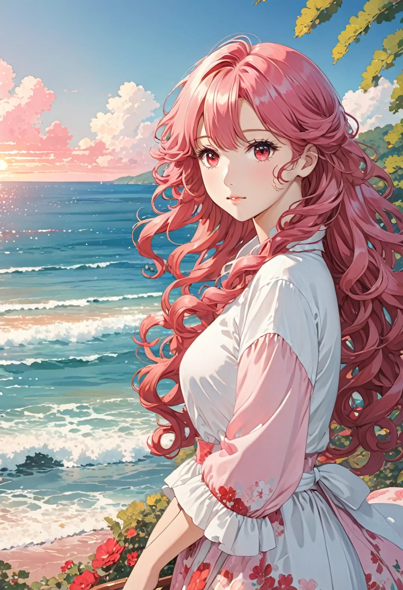 Anime image of a girl. Long pink hair. red eyes. Near the sea. Curly silky hair,