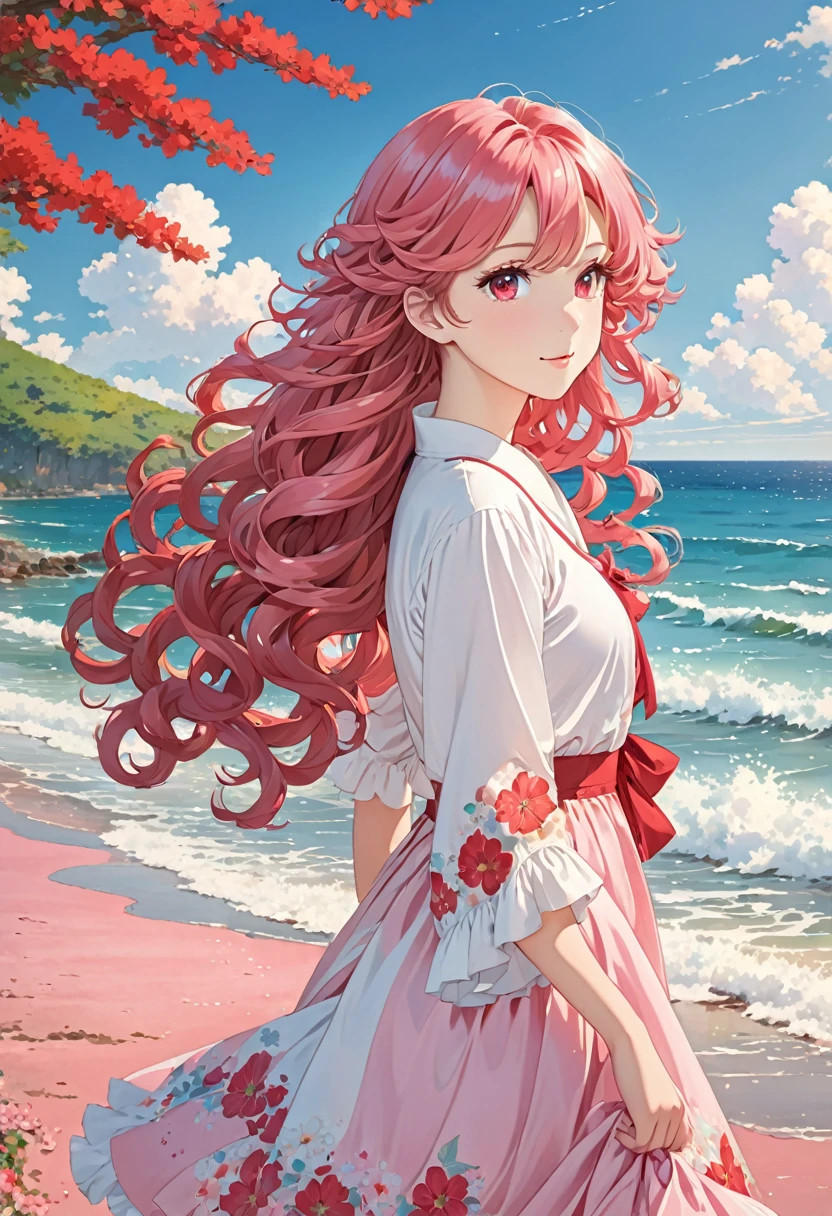 Anime image of a girl. Long pink hair. red eyes. Near the sea. Curly silky hair,