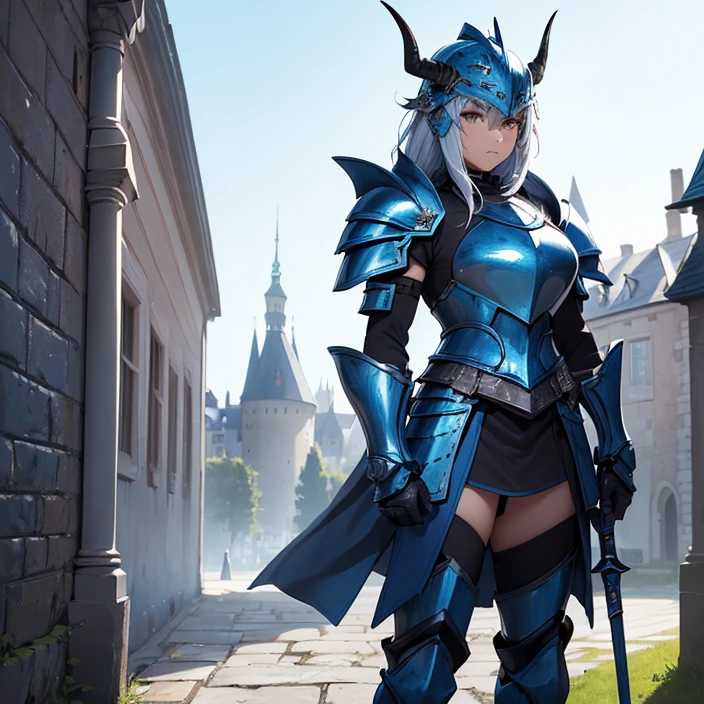 (masterpiece image), (very detailed image, (best high quality high definition image), (carefully detailed textures and pixels), (carefully detailed character and background), (alone character, solo), (HD), (High resolution), (Fantasy), (anime)
{{(1character: blue knight:(body full covered in heavy blue knight armor)),((standing brave and strong),(willing to protect you and everyone)),((blue knight helmet), (helmet with two horns), helmet with a tail)), (blue steel knight cuirass), (blue steel armor skirt), (blue heavy steel shoulder plates), (blue arms armor), (blue gauntlets), (blue neck armor), (blue steel knight long boots))),((holding a long light-blue halberd with her right hand)),((morning at the danish castle wall), (on patrol), (standing confident and strong))}}