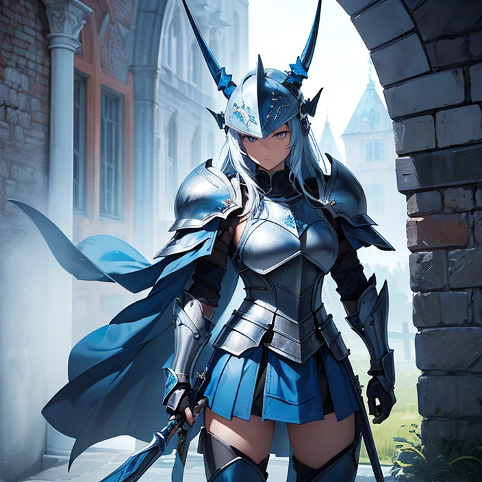 (masterpiece image), (very detailed image, (best high quality high definition image), (carefully detailed textures and pixels), (carefully detailed character and background), (alone character, solo), (HD), (High resolution), (Fantasy), (anime)
{{(1character: blue knight:(body full covered in heavy blue knight armor)),((standing brave and strong),(willing to protect you and everyone)),((blue knight helmet), (helmet with two horns), helmet with a tail)), (blue steel knight cuirass), (blue steel armor skirt), (blue heavy steel shoulder plates), (blue arms armor), (blue gauntlets), (blue neck armor), (blue steel knight long boots))),((holding a long light-blue halberd with her right hand)),((morning at the danish castle wall), (on patrol), (standing confident and strong))}}