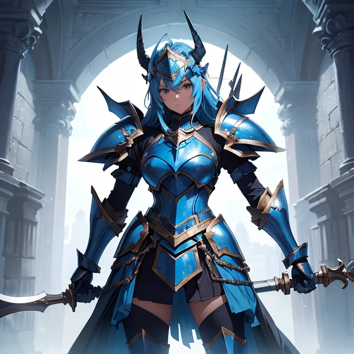 (masterpiece image), (very detailed image, (best high quality high definition image), (carefully detailed textures and pixels), (carefully detailed character and background), (alone character, solo), (HD), (High resolution), (Fantasy), (anime)
{{(1character: blue knight:(body full covered in heavy blue knight armor)),((standing brave and strong),(willing to protect you and everyone)),((blue knight helmet), (helmet with two horns), helmet with a tail)), (blue steel knight cuirass), (blue steel armor skirt), (blue heavy steel shoulder plates), (blue arms armor), (blue gauntlets), (blue neck armor), (blue steel knight long boots))),((holding a long light-blue halberd with her right hand)),((morning at the danish castle wall), (on patrol), (standing confident and strong))}}