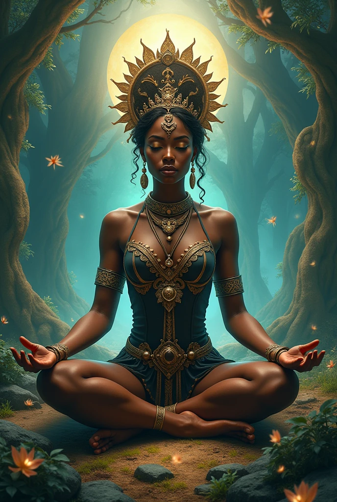 Powerful feminine black Godess showing the bottom of her feet to the camera doing yoga on a beautiful magical landscape