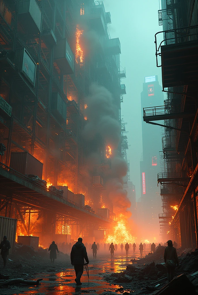 A cyberpunk city made of burning shipping containers and chaos
