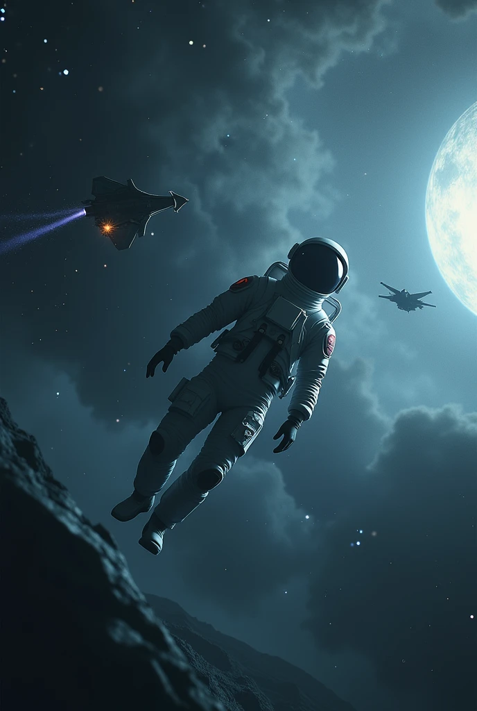 Space, a men, see, airplane, planets, dark light,falling, beg, star, moon, nasa