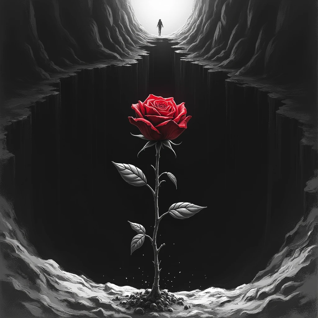 A whithering bloody rose-bud reaches towards the hole，dark deep pit，There is only a glimmer of light at the far entrance of the cave, Black and white, sketch