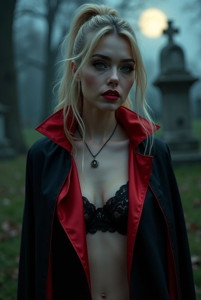 (RAW photo, best quality, masterpiece, ultra-detailed, high res), (realistic),(extremely 
delicate and beautiful:1), mesmerizing vampire woman with long blonde hair in high 
ponytail detailed features, smiling seductively , showing vampire fangs , wearing floor 
length black and red lined satin cape tied at the neck with ribbon ties , lingerie , standing 
in a moonlight graveyard , imaginative, highly detailed, extremely high-resolution details, 
photographic, realism pushed to extreme, fine texture, 8k, ultra-detailed, high quality, high 
contrast, full body shot 