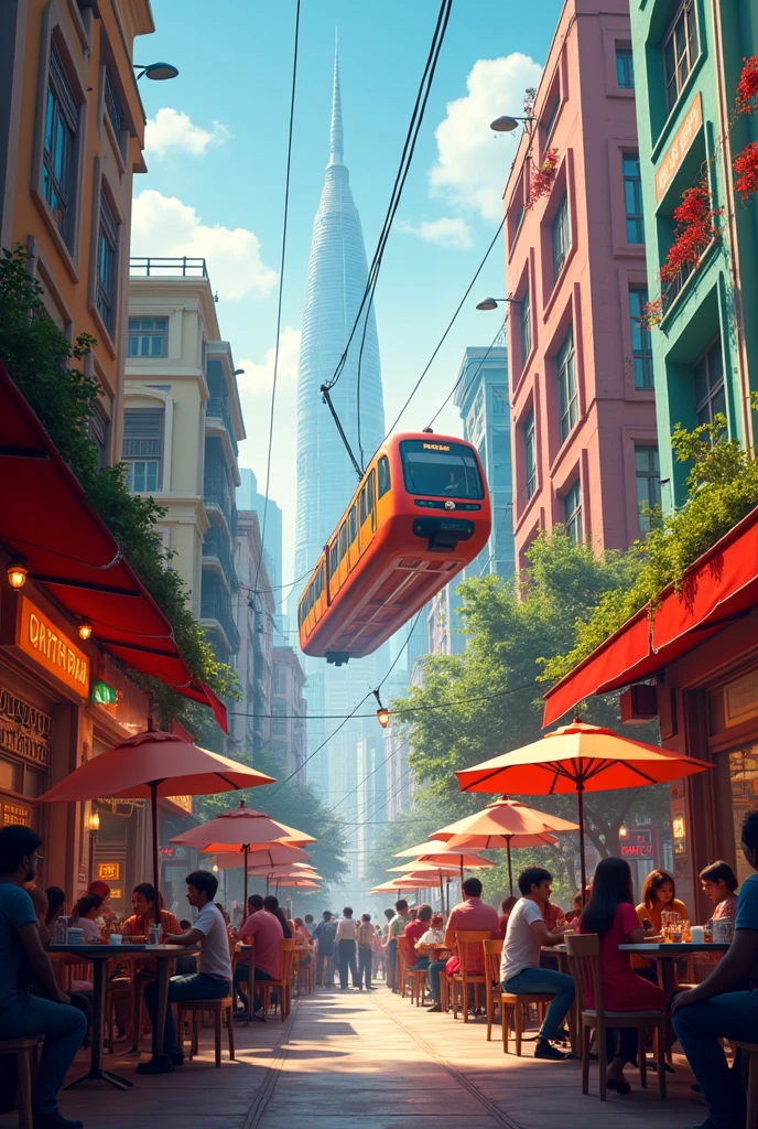 I want realistic  picture for restaurant ,   big Dhaka city colourful,  flying metro train, 