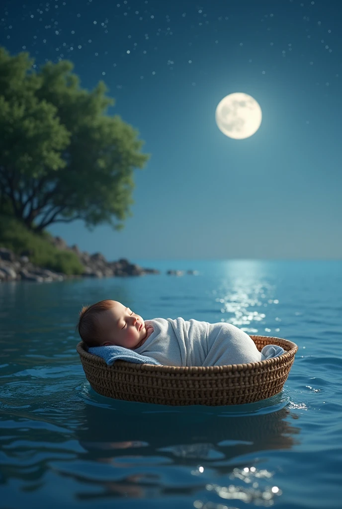 High quality. 4k, in the image there is a wide sea, in the sea there is a new born baby placed inside baby basket and the little waves moving him towards the seashore. The basket fit the size of the baby perfectly, the sky is full of small stars and big full white moon. Some trees beside the sea.
