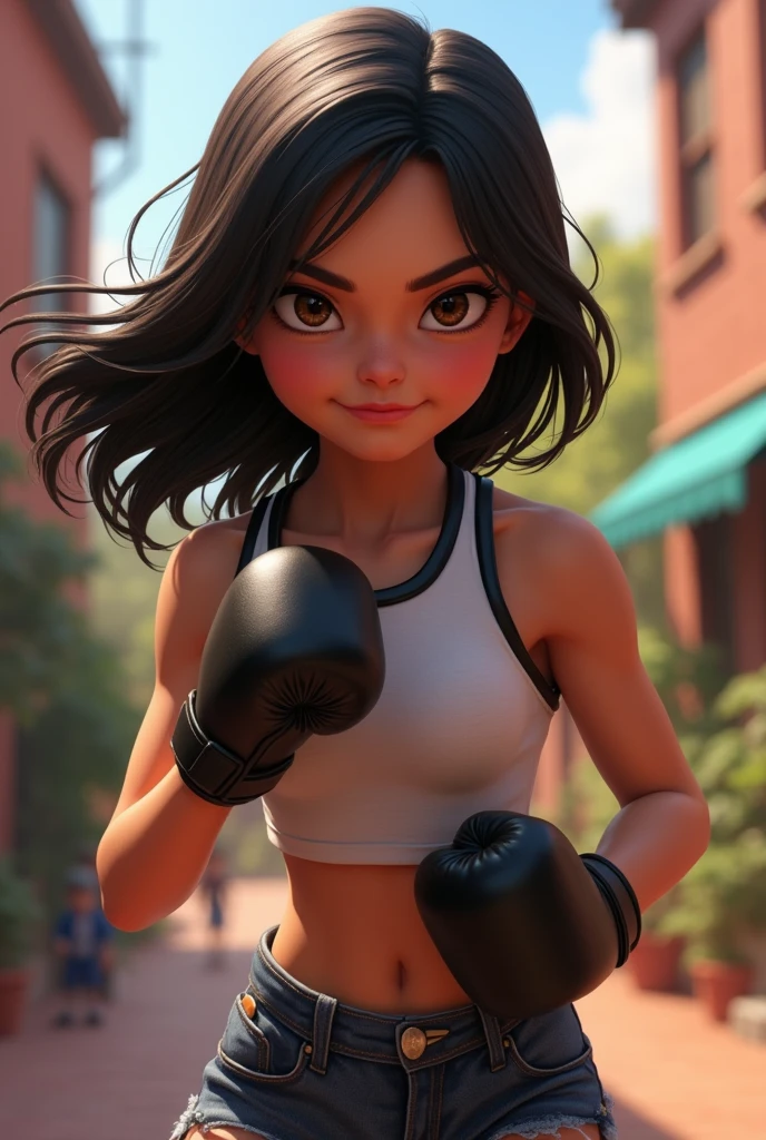 young girl, maiden, brunette with shoulder-length black hair, dark brown eyes, in a fighting position with black boxing gloves, determined, confident, pixar version
